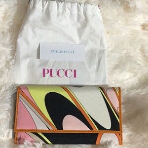 Emilio Pucci multicolor canvas wallet with orange trim